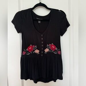 American Eagle Soft and Sexy Black and Red Peplum Floral Embroidered Top
